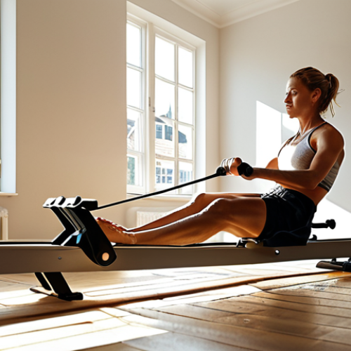 **Prompt:** "A person powerfully rowing on a water rowing machine at home, sunlight streaming through the window, showcasing the realistic water rowing experience, fitness motivation, healthy lifestyle, Dutch interior design, bright and airy."