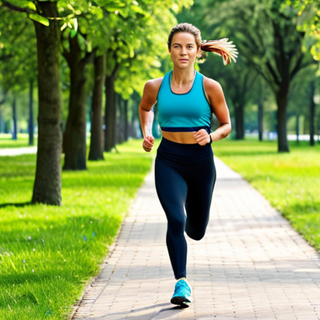 Interval Training in a Park**

A woman, fully clothed in athletic wear (running leggings, sports top, athletic shoes), is sprinting on a path in a sunny park. Trees and green grass surround her. Safe for work, appropriate content, professional photograph, perfect anatomy, natural proportions, family-friendly.

**