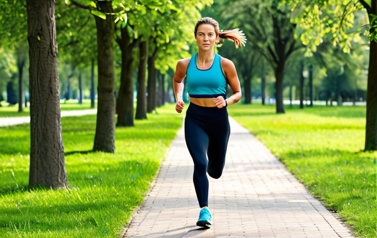 Interval Training in a Park**

A woman, fully clothed in athletic wear (running leggings, sports top, athletic shoes), is sprinting on a path in a sunny park. Trees and green grass surround her. Safe for work, appropriate content, professional photograph, perfect anatomy, natural proportions, family-friendly.

**