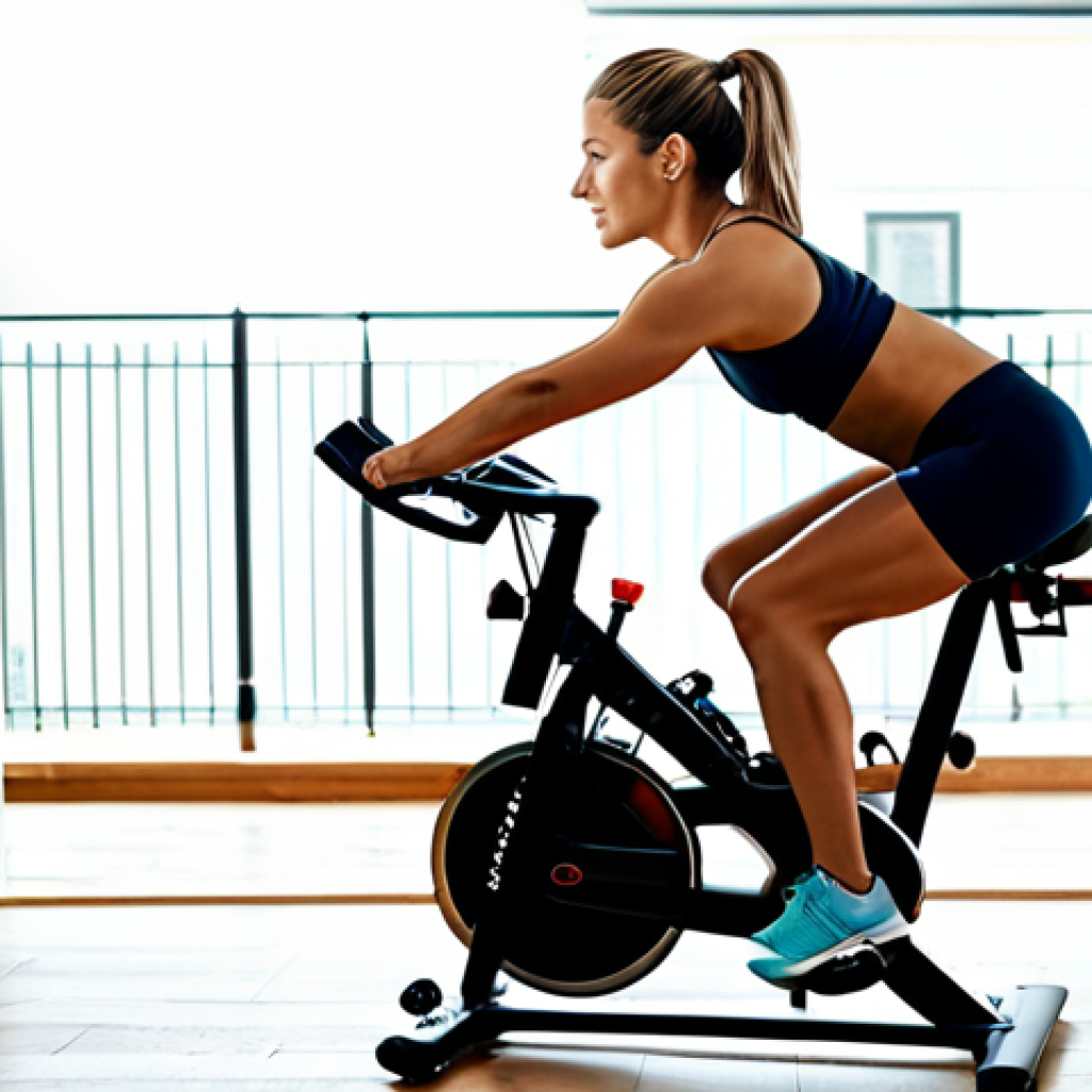 프리미엄 스피닝 바이크 추천 - Perfect Fit on the Bike**

"A sporty woman in athletic clothing, fully clothed, adjusting the seat h...