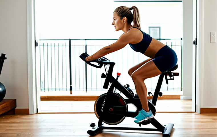 프리미엄 스피닝 바이크 추천 - Perfect Fit on the Bike**

"A sporty woman in athletic clothing, fully clothed, adjusting the seat h...