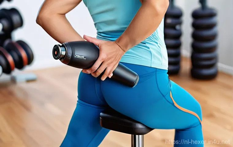 근육 회복을 돕는 마사지건 비교 - **Prompt 2 (Stress Reduction and Flexibility):**
    A woman in her mid-30s, with long, braided hair...