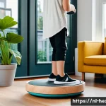 Home 18 코어 안정성을 위한 균형 운동 기구 - A modern indoor scene featuring a young teenager using a compact, eco-friendly balance training devi...