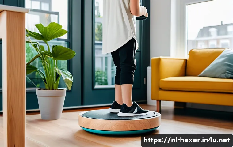 코어 안정성을 위한 균형 운동 기구 - A modern indoor scene featuring a young teenager using a compact, eco-friendly balance training devi...
