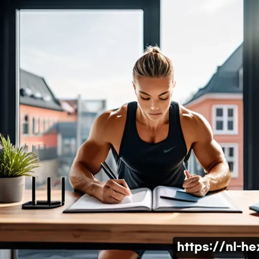 무산소 운동과 유산소 운동 병행법 - A well-organized weekly training schedule scene featuring a fit Dutch athlete in sportswear, plannin...