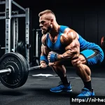Home 20 파워리프팅과 보디빌딩 차이점 - A detailed gym scene showing a powerlifter in mid-squat wearing appropriate supportive gear: a lifti...