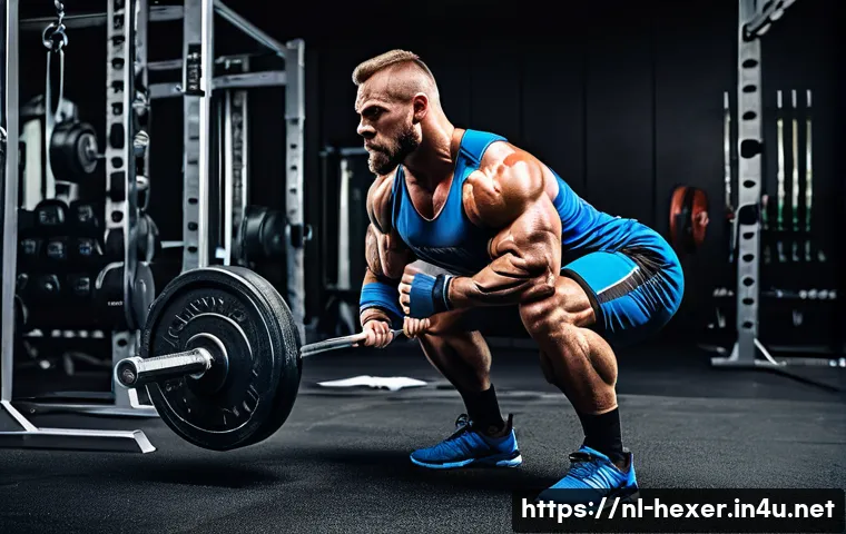 파워리프팅과 보디빌딩 차이점 - A detailed gym scene showing a powerlifter in mid-squat wearing appropriate supportive gear: a lifti...