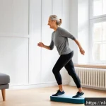 Home 18 스텝박스 활용 하체 순환운동 루틴 - A middle-aged Dutch woman performing stepbox exercises in a bright, cozy living room with natural li...
