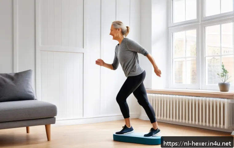 스텝박스 활용 하체 순환운동 루틴 - A middle-aged Dutch woman performing stepbox exercises in a bright, cozy living room with natural li...