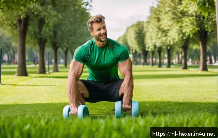 폼롤러와 마사지건 비교 및 추천 - A fit Dutch man in sporty attire using a foam roller on his large thigh muscle outdoors in a green p...