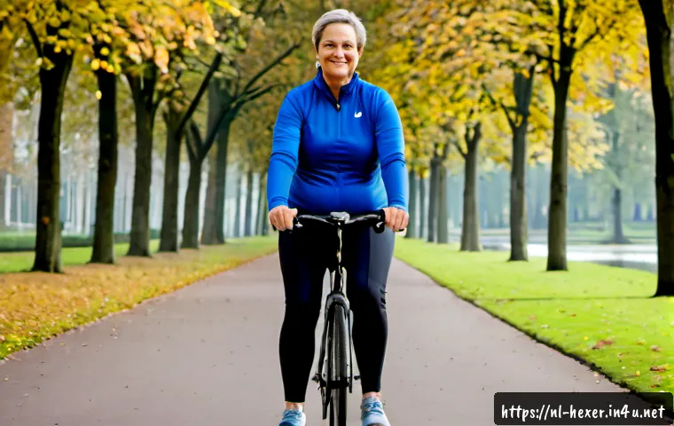 Home 17 체지방 감소를 위한 유산소 운동 추천 - Photorealistic early-morning cycling scene in a peaceful Dutch park, a fit middle-aged woman in mode...