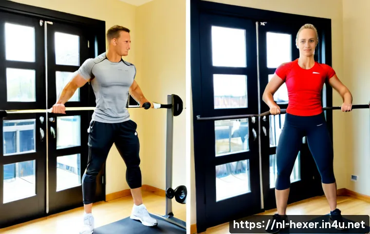 저항 밴드와 케이블 머신 운동 비교 - Photorealistic split-scene fitness comparison in a bright modern Dutch home gym: on the left, an ath...